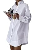 LYANER Women's Casual Shirt Dress Collar V Neck Button Down Loose Long Sleeve Mini Dresses White Medium