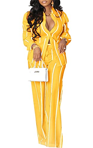 Remelon 2 Piece Outfits for Women Stripe Print Button Down Shirt Top Loose Pants Matching Sets Loungewear Tracksuit Streetwear Yellow XXL