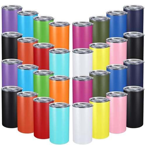 Sabary 50 Pcs 20 oz Stainless Steel Tumbler Bulk with Lids Insulated Vacuum Travel Mug Powder Coated Coffee Mug Stainless Steel Skinny Tumbler Cup for Coffee Beverages Hot Cold Drinks (Bright Color)