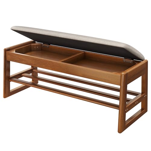 IUNVR Shoe Rack Bench with Cotton-Linen Cushion 2-Tier Wooden Storage Bench 550lbs Compact Simple & Modern Design for Entryway, Hallway, Bedroom, Living Room, Closet, Front Door Entrance, Foyer