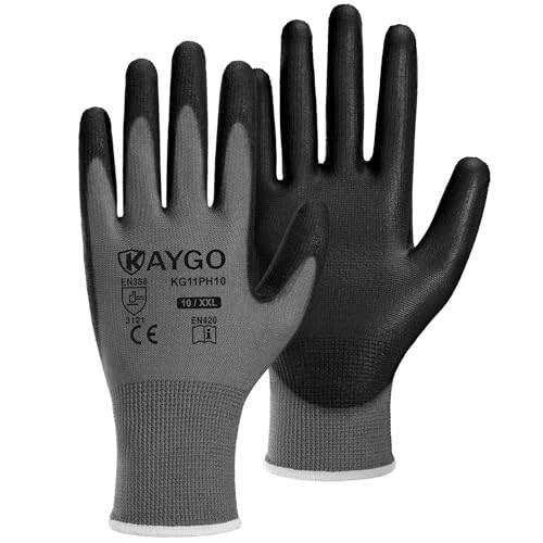 KAYGO Safety Work Gloves PU Coated, 60 Pairs KG11PB, Seamless Knit Glove with Polyurethane Coated Smooth Grip on Palm & Fingers, for Men and Women (X-Large, Gray)