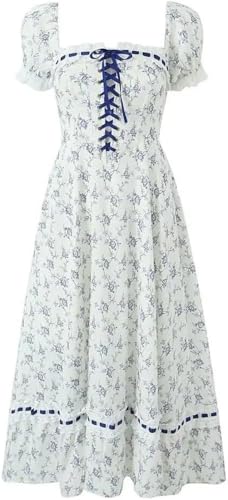 Women's Floral Print Casual Summer Beach Dress Vintage Square Collar Puff Sleeve Midi Vacation Dresses(White,Small)