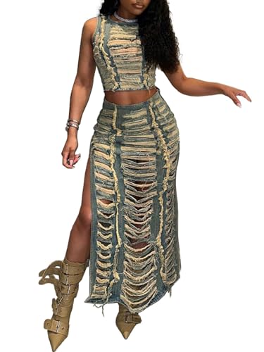 Womens 2 Piece Outfits Summer Denim Skirt Sets Crewneck Cropped Tank Top Side Split Maxi Skirts Matching Set Blue M
