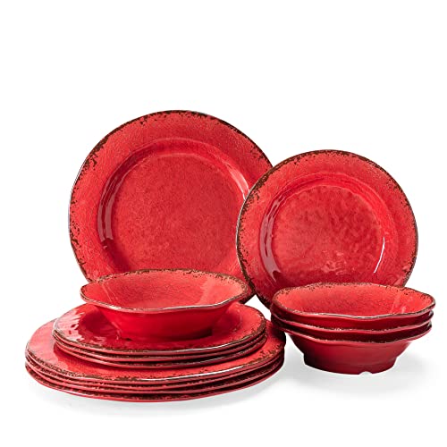 LEHAHA Farmhouse Plates and bowls set, 12 Piece Christmas Melamine Dinnerware Sets for 4,Lightweight and Unbreakable Dishes Set,Perfect for Indoor and Outdoor and Picnic use. Red