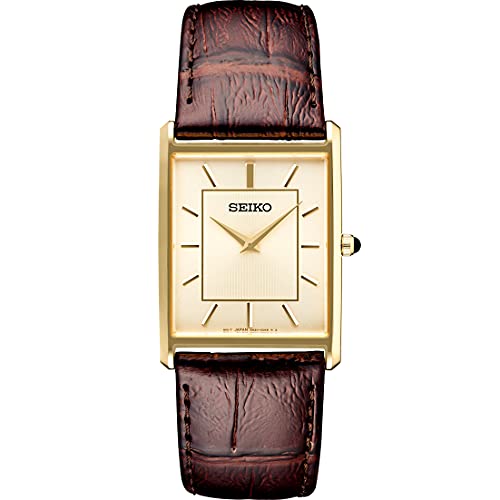 Seiko SWR064 Men's Analog Quartz Watch with Stainless Steel Case, Patterned Light Champagne Dial, and Textured Brown Leather Strap