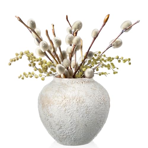 Mimorou White Ceramic Decorative Flower Vase 8.27" x 8.66" Textured Round Rustic Pottery Vintage Large Vase for Home Decor Centerpieces Living Room Christmas Decoration