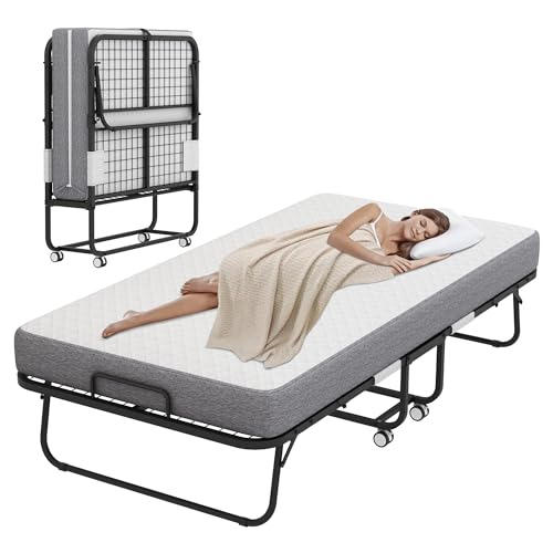Espsilto Large Folding Bed with Mattress for Adult - 75''x46'' Foldable Rollaway Bed for Guest, Space Saving Fold Up for Easy Storage