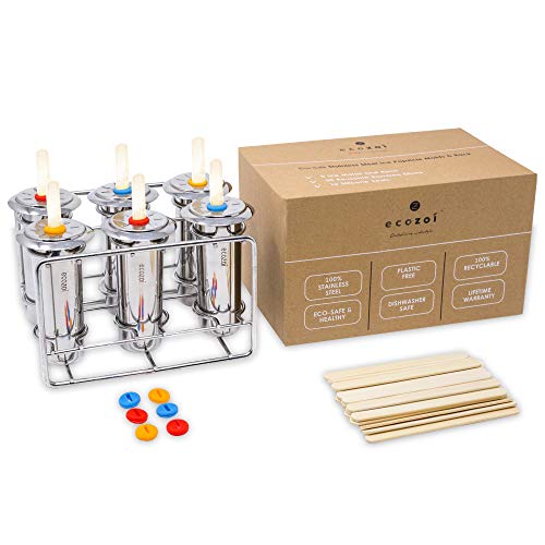 Ecozoi Stainless Steel Popsicle Molds, 6 Metal Ice Popsicle Makers, 30 Reusable Bamboo Sticks, 12 Silicone Seals and 1 Rack, Eco Popsicle Molds for Kids and Adults, 3 oz Per Mold (Round)