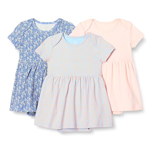 Amazon Essentials Baby Girls' Short Sleeve Bodysuit Dress, Pack of 3, Pale Pink/Blue Posey Floral, 18 Months