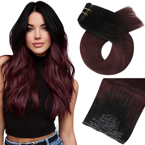 Moresoo Seamless Clip in Hair Extensions Human Hair Remy Off Black to Deep Red Wine Clip in Human Hair Extensions Burgundy Straight 7Pcs 120G 22Inch