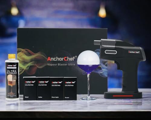 AnchorChef Cocktail Smoker Bubble Gun Kit for Bar/Home Use -Aroma Blaster Gun Set Includes 4 Flavour Aromas and Edible Bubbles -for Enhancing Food and Drink Flavors -Gift for Men/Dad/Husband/Bartender