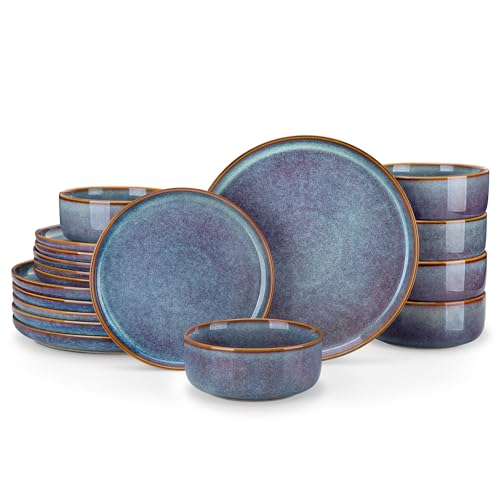 vancasso PLAYA Plates and Bowls Sets, 18 Pieces Grey-Blue Dinnerware Sets for Kitchen, Reactive Glaze Dishes Set for 6, Dishwasher and Microwave Safe