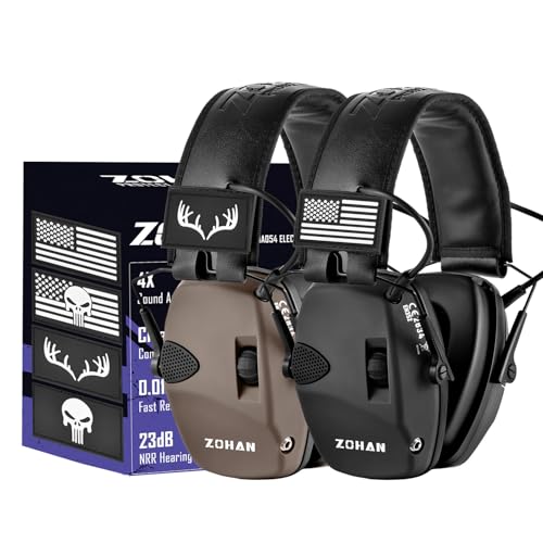 ZOHAN Electronic Shooting Earmuffs with Patches, 2Pack Hearing Protection for Shooters, NRR 23dB Noise Reduction, Gun Range Ear Protection Headphones(Black+Brown)