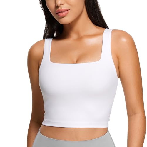 CRZ YOGA Butterluxe Womens Square Neck Longline Sports Bra - Workout Crop Tank Tops Padded Yoga Camisole with Built in Pads White X-Large