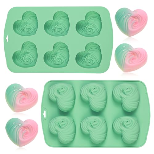 QELEG Heart-Shaped Chocolate Cookie Molds Silicone - Set of 2 Non-Stick Muffin Pan Silicone Heart Molds for Baking, Candy, Gummy, Jelly,DIY Handmade Soap Molds - Green, 2Pcs/6-Cavity