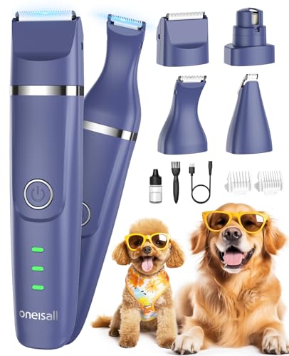 oneisall Dog Clippers & Dog Paw Trimmer 4-in-1 Cordless Grooming Kit: 2-Speed Low Noise Clippers with Rechargeable Quiet Nail Grinder for Dogs & Cats (Blue)