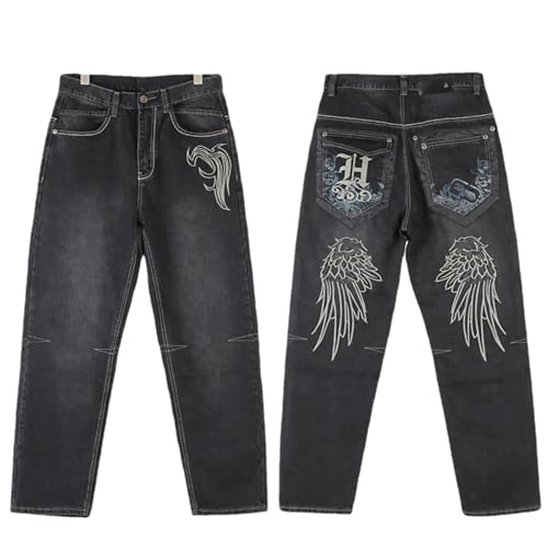 NCDUANSAN Gothic Men's Denim Pants Street Trend Loose Hiphop Street Dance Graffiti Print Casual Straight Tube Wide Leg Wash (Black,32)