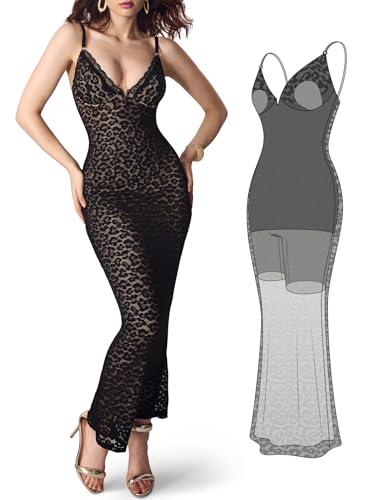 CurvySweet Women's Shapewear Dress Deep V Spaghetti Straps Leopard Lace Maxi Dress Bodycon Cocktail Party Long Dress