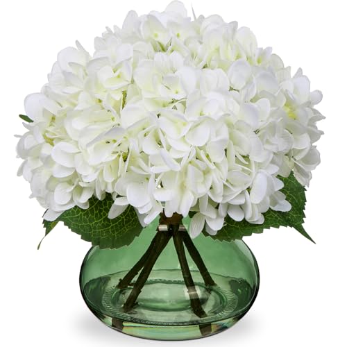 Hollyone White Hydrangeas Floral Arrangement in Glass Vase Artificial Flowers with Vase with Faux Water Silk Faux Flowers Fake Floral Bulk Bouquet for Home Decor Table Centerpiece Decorations