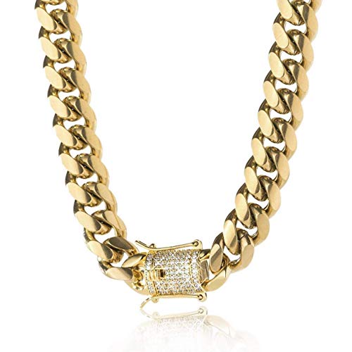 TRIPOD JEWELRY 14K Gold Plated Miami Cuban Link Chain Bracelet with Diamond Clasp 8mm,10mm,12mm,14mm Stainless Steel Iced Out Cuban Link Chain Necklace Gold Bracelet for Men Women (14K gold - 10mm, 22.00)