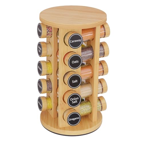 New England Stories Revolving Spice Rack Set with 20 Spice Jars, Kitchen Spice Tower Organizer for Countertop or Cabinet - Carousel Storage Includes 386 Spice Labels (Bamboo)