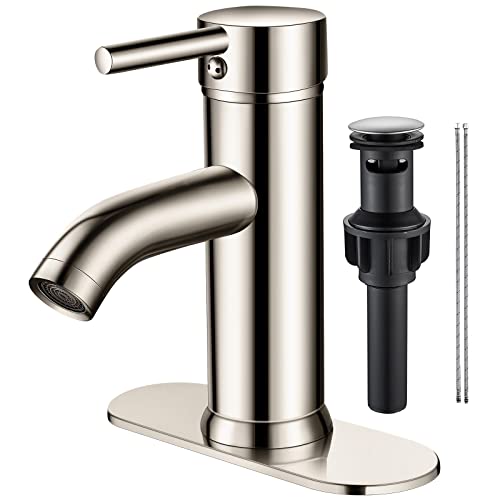 Brushed Nickel Bathroom Faucet Single Hole Bathroom Sink Faucet Single Handle One Hole Bathroom Faucet Wash Basin RV Faucet with pop-up Drain Suitable for 1 Hole or 3 Hole (Brushed Nickel, Short)