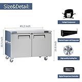 ICECASA 48" W Commercial Refrigerator Worktop Undercounter Refrigerator 2 Door Stainless Steel Counter Fan Cooling Refrigerator 13 Cu.ft for Restaurant, Bar, Shop, etc