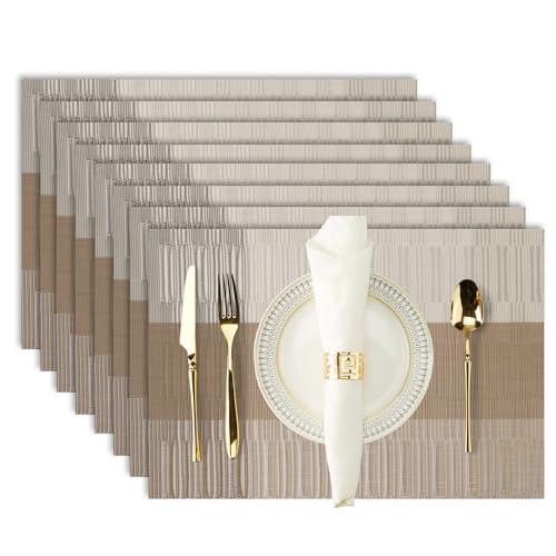Champagne Modern Placemats Set of 8-Durable PVC Table placemats,Vinyl Woven Place Mats for Dining Table Heat Resistant Non-Slip Washable Indoor/Outdoor Table Mats 12 * 17 inch