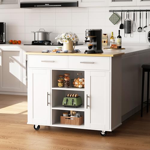 Shintenchi Kitchen Island with Storage, Kitchen Island Cart on Wheels with 3 Open Shelves, 2 Drawers and 2 Cabinets, Rolling Kitchen Table with Large Countertop, White