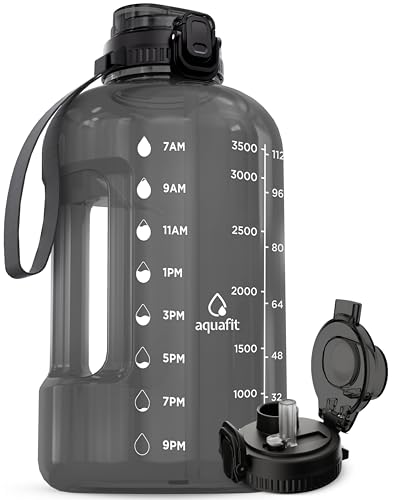 AQUAFIT 1 Gallon Water Bottle with Time Marker - BPA Free 128 oz Water Bottle with Straw, Gym Water Bottle with Handle, 1 Gallon Water Jug, Big Water Bottle, Large Water Bottle (Gray)