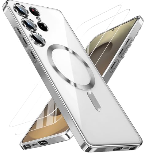 for Samsung Galaxy S25 Ultra Case with 2X Screen Protector & Camera Protection,Magnetic Galaxy S 25 Ultra Case with MagSafe Metallic Glossy Luxury Shockproof Cover for S25 Ultra Phone Cases,Natural