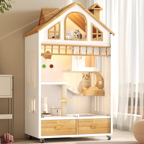 Enclosed Cat Condo, Large Wooden Cats House Indoor Cage Cat Enclosure on Wheels, Multi-Feature Enclosed Condo with Litter Box Drawer for Indoor Cats,63" X 35" X 24" (White, 63" X 35" X 24")