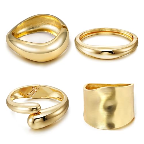MEDOJO 4 Pcs Women Gold Cuff Bracelet Hinged Design Bracelet Trendy Chunky Cuff Bangle Thick Gold Bracelets for Women