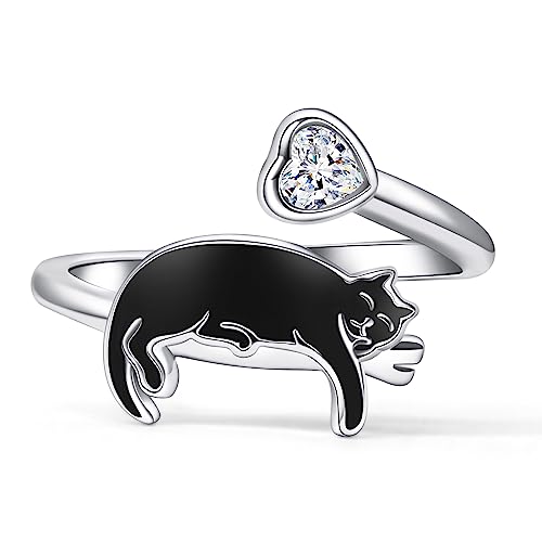 Sterling Silver Black Cat Ring - S925 Kitty Open Rings Cute Witch Jewelry Gifts for Women Pet Lover