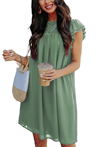 KIRUNDO Wedding Guest Shift Dresses for Women Short Spring Summer Ruffle Cap Sleeve Chiffon Babydoll Flowy Mini Sundress(Bean Green, Large)