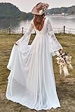 SUFUTOP Simple V Neck Chiffon Beach Wedding Dress for Bride Long Sleeve White Lace High Slit Boho Bridal Dresses for Wedding 06