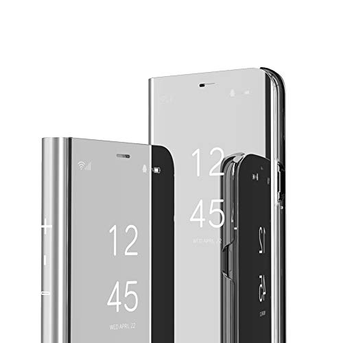 OOPKINS Compatible with iPhone 13 Case Luxury Clear View Window Electroplate Plating Stand Scratchproof Full Body Protection Flip Folio Ultra Slim Cover for iPhone 13 PU Mirror Silver MX