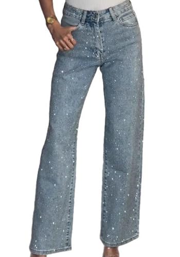 Famnbro Womens Rhinestone Jeans Baggy Y2K High Waisted Straight Wide Leg Sparkly Bling Glitter Denim Pants Blue