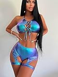 THSCWY Women's 2 Piece Swimsuit Metallic Rave Outfits Halter Sexy Tops Shorts Garter Lingerie Set Beach Shiny Bikini Set Blue