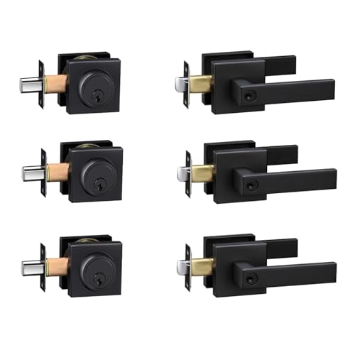 Exterior Door Lock Set with Deadbolt, Front Door Handle Set with Deadbolt, Door Levers Single Cylinder Deadbolt Set, Keyed Alike Heavy Duty Keyed Entry Handles Locksets,(Matte Black,3Pack)