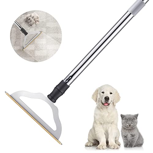 47“ Adjustable Long Handle Carpet Rake Pet Hair Remover, Reusable Large Metal Lint Remover Brush for Embedded Fur Removal from Low Pile Rugs Stairs, Carpet Brush Scraper Dog Cat Hair Remover Broom