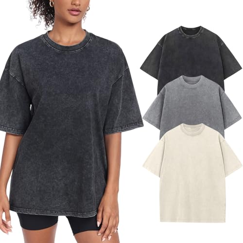 3 Pack Womens Washed Vintage Oversized T-Shirt Casual Baggy Streetwear Boyfriend Tee Workout Short Sleeve Cotton Tops(W-BGGYBK,m)