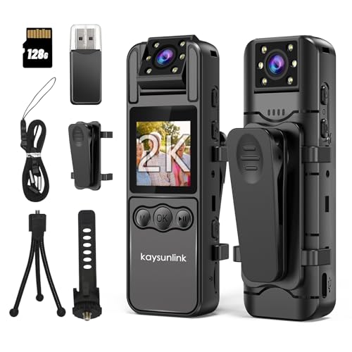 kaysunlink Body Camera with 1.4” Screen Audio and Auto Video Night Vision 1440P UHD Mini Police Wearable Body Worn Cam Portable Small Personal Camcorder Sport Action Outdoor Video Recorder (2K-128GB)