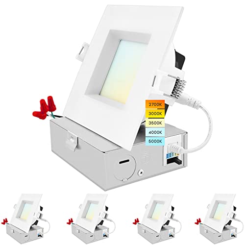LUXRITE 4 Inch Square LED Recessed Ceiling Light with Junction Box, 15W, 5CCT Selectable 2700K/3000K/3500K/4000K/5000K, 1300LM High Brightness, Dimmable Canless Downlight, Wet Rated, ETL (4 Pack)