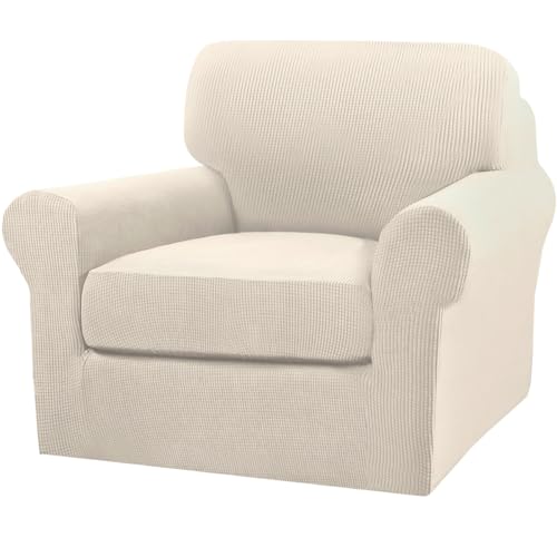 Turquoize 2 Piece Chair Covers for Living Room Armchair Couch Cover with Individual Cushion Covers Furniture Cover for Chairs (Chair,BiscottiBeige)