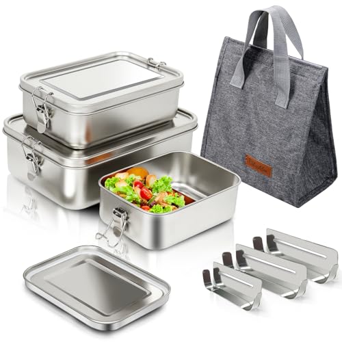 SUTETLW 304 Stainless Steel Bento Box 3 Pack Stainless Steel Containers With Lids 81oz/47oz/29oz,Leak-Proof & Stackable Storage Stainless Steel Food Storage Containers for Soup Salad Leftover