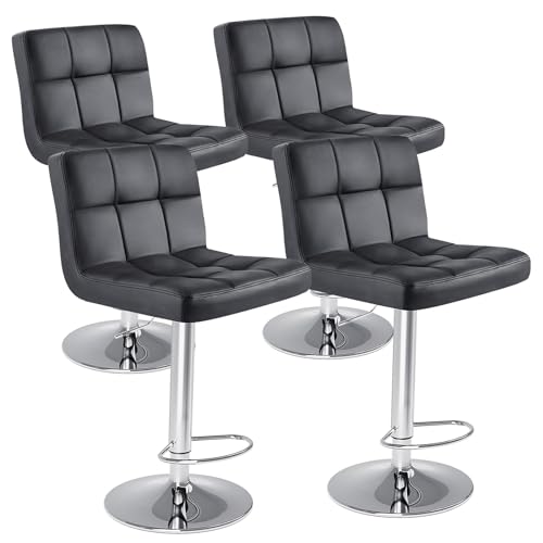 DUMOS Bar Stools Set of 4, 24 inch Counter Height Bar Stools, Upholstered Modern Kitchen Barstools with Metal Base, PU Leather Saddle Stools for Kitchen Island, Black