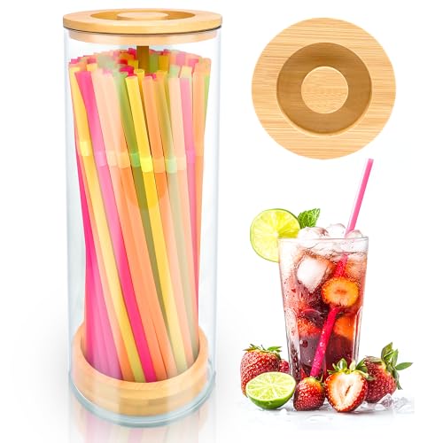 Straws Holder Dispenser for Counter, 10-Inch Drinking Straw Dispenser,Acrylic Straw Organizer with Bamboo Lid,Includes 100 Straws,Transparent Straw Storage Container for Kitchen,Pencils and Silverware