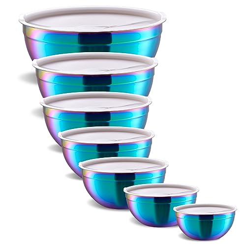 Onlycooker Rainbow Mixing Bowls With Airtight Lids,Stainless Steel Bowl,Salad Bowls 7 Piece Colorful Nesting Bowl Rainbow Kitchen Accessories,Size 7,3.6,2.7,2.1,1.5,1.1,0.8QT Stackable Design