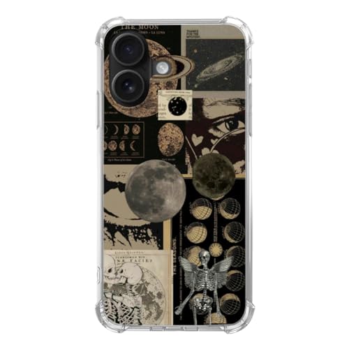 Aesthetic Vintage Grunge Collage Phone Case Compatible with iPhone 16, Skull Planets Collage Cover for Teens Men Women, Trendy Cool TPU Case Cover